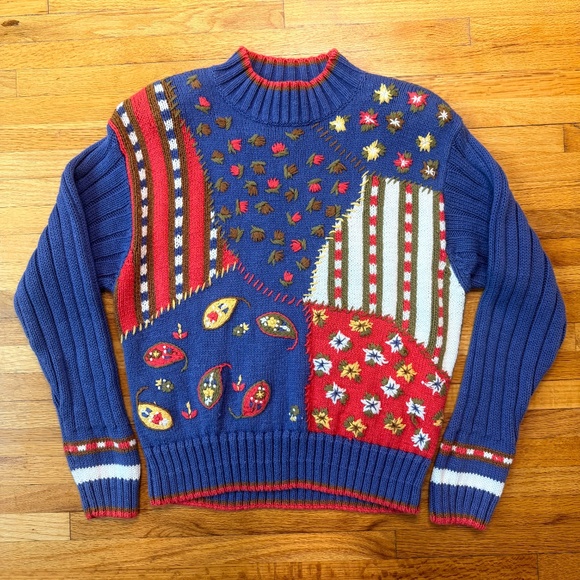 Vintage 90s Blue Chunky Knit Patchwork Embroidered Fall Winter Sweater - Picture 4 of 8